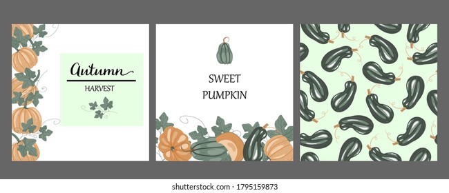
set of postcards on the theme of autumn. prints for design. cards with pumpkins.