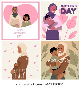 Un conjunto de postales sobre un fondo blanco de Ilustraciones vectoriales para el Día de la Madre: jóvenes musulmanas con hijabs, una niña embarazada y madres con sus hijas e hijos pequeños.