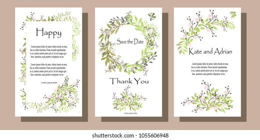 A set of postcards with original twigs and leaves. Vector illustration. Decorative invitation to the holiday. Wedding, birthday. An universal card. Green grass.