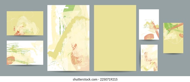 Set of postcards with painterly strokes of paint, brush strokes and color combinations. Painting shapes composition, vector covers new design art