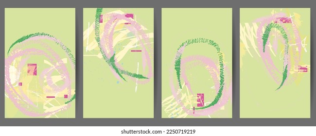 Set of postcards with painterly strokes of paint, brush strokes and color combinations. Painting shapes composition, vector covers new design art