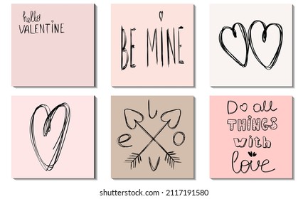 A set of postcards in pastel pink colors with inscriptions for Valentine's Day in doodle style. Vector illustration. 