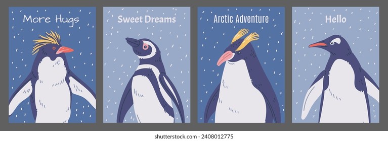 Set of postcards with penguins, vector illustrations. Collection of templates with different birds of Antarctica in flat style. Cartoon wild animal and snow images in blue gray colors.