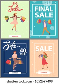 Set of postcards with people buying presents on the cover. Buyers are prepairing for the holiday at the sale. Group of people with boxes and packages with gifts in their hands. Customers go shopping