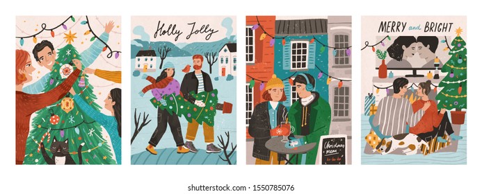 Set of postcards with people celebrating winter holidays. Happy family decorating christmas tree. Couple carrying fir. Man and woman in the street cafe. Couple relaxing at home. Vector illustration.