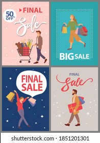 Set of postcards with people shopping on the cover. Smiling man with gift boxes and toy bear in the shopping cart. Girls with bags with purchases in their hands. Guy with gift wrapping in his hands