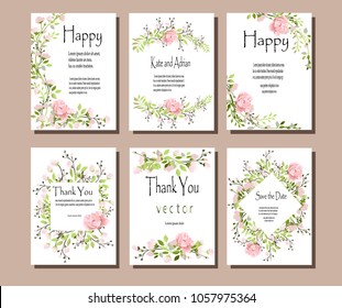 Set of postcards with pink flowers and green leaves. Vector illustration. Decorative invitation to the holiday. Wedding, birthday. A universal card.Pink roses .
