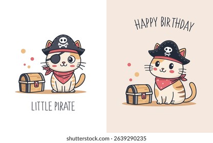 Set of postcards with pirate cats for kids. Little pirate and Happy Birthday. Vector illustration