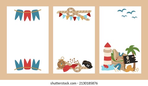 Set of postcards for a pirate party, themed birthday, sea voyages and treasure hunting. Colorful marine design for holidays.