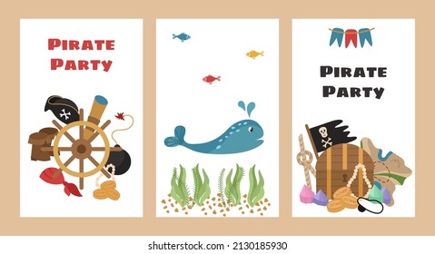 Set of postcards for a pirate party, themed birthday, sea voyages and treasure hunting. Colorful marine design for holidays with an inscription.