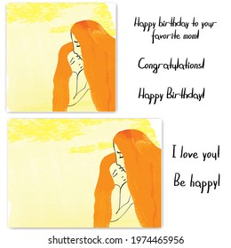 A set of postcards with a place to write. Inscriptions.Happy birthday to your beloved mom!Congratulations!I love you!Happy Birthday!Be happy!Watercolour illustration. Mother and child.Orange