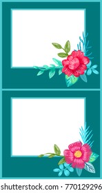 Set of postcards with plants on blue background. Vector illustration with white square frames for text decorated with colorful pencil drawn flowers