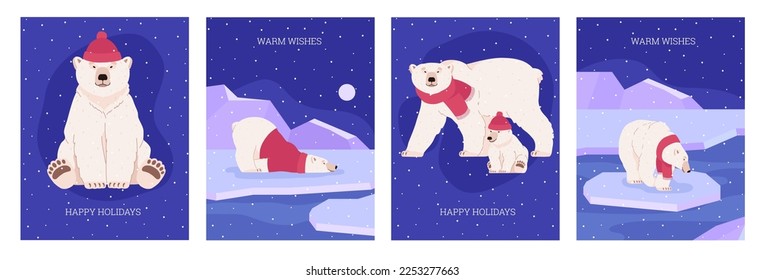 Set of postcards with polar bears flat style, vector illustration isolated on white background. Polar bears in red sweaters, scarves and hats, happy holidays and warm wishes text