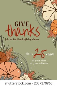 A set of postcards, posters, cards for Thanksgiving day 2021. Warm brown, beige, and orange shades are used. The leaves, pumpkins, inscription, cotton, branches are depicted