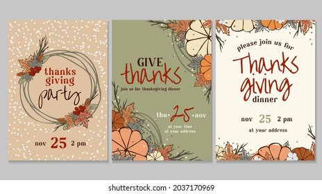 A set of postcards, posters, cards for Thanksgiving day 2021. Warm brown, beige, and orange shades are used. The leaves, pumpkins, inscription, cotton, branches are depicted