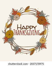 A set of postcards, posters, cards for Thanksgiving day 2021. Warm brown, beige, and orange shades are used. The leaves, pumpkins, inscription, cotton, branches are depicted