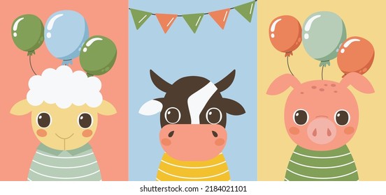 Set of postcards or posters with cute animals. Delicate colors. Sheep, cow, pig.