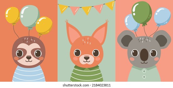 Set von Postkarten oder Plakaten mit süßen Tieren. Feine Farben. Schlitten, Eichhörnchen, Koala.