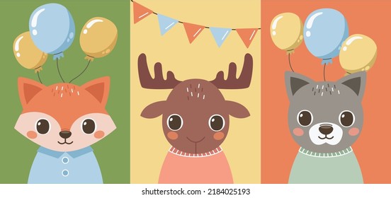 Set of postcards or posters with cute animals. Delicate colors. Fox, elk, wolf.	