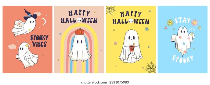 Set of postcards or posters with cute ghosts. Vector graphics.