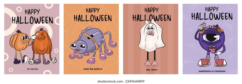 Set of postcards, posters, flyers. Halloween event, holiday. Groove characters, retro characters, cartoon style. Pumpkins, Ghost, spider, trick or treat, eye