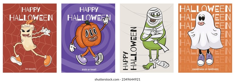 Juego de postales, afiches, volantes. Halloween, feriado. Personajes de Groove, personajes retro, estilo de dibujos animados. Calabazas, fantasma, vela, zombi, momia, monstruo