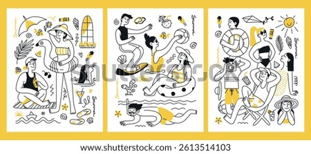 Set of postcards, posters, summer vacation concept. Summer mood, vibe. People, men and women on vacation. Doodle illustration for print