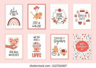 A set of postcards, posters for Valentine's day with handwritten lettering phrases and boho rainbow, cats, sweet food, heart, flower wreath. Cute vector illustrations in cartoon style on white
