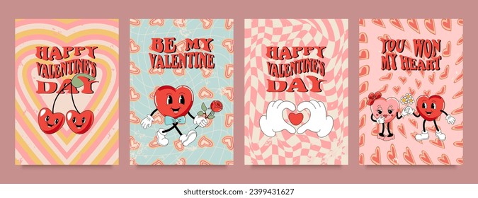 A set of postcards, posters for Valentine's Day. Characters and heart decor. Retro style 60s, 70s.