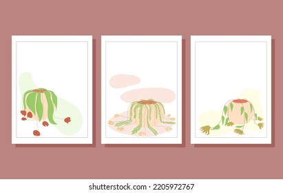 set of postcards pot with withered flowers isolated