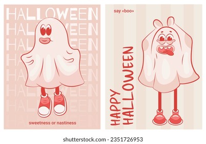 A set of postcards in retro style: a funny ghosts, boo, cute. Halloween cards. Red and white, cartoon style, groovy style. Retro style. Vector illustration