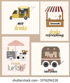 
set of postcards in retro style. mobile eateries, ice cream tent, lemonade van