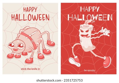 A set of postcards in retro style: a running candle and a spider with a spider web. Halloween cards. Red and white, cartoon style, groovy style. Retro style. Vector illustration