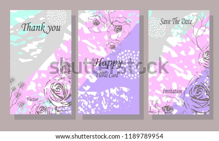 Set of postcards with roses. Grunge.  Vector illustration. Decorative invitation to the holiday. Wedding, birthday. Universal card. Template for text.