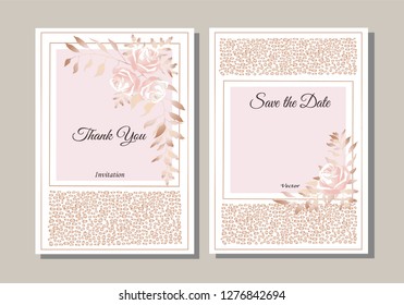 Set of postcards with roses and leaves. Vector illustration. Decorative invitation to the holiday. Wedding, birthday. Universal card. Template for text.