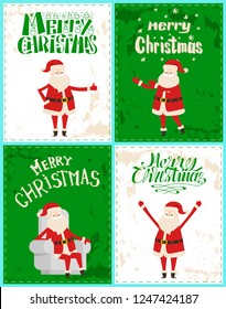 Set of postcards with Santa Claus adventures, happy cartoon character isolated on grunge green and white. Saint Nicholas animated in various poses vector