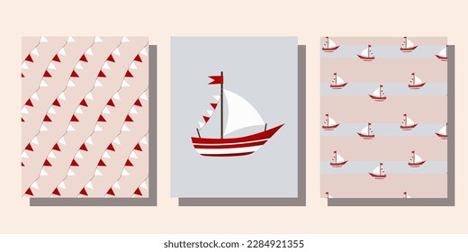 Set of postcards and seamless patterns in nautical style. Marine theme in red colors. Children's postcards and backgrounds. Ships, sailboats, flags, compass, lifebuoy, lighthouse