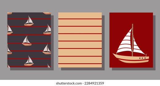 Set of postcards and seamless patterns in nautical style. Marine theme in red colors. Children's postcards and backgrounds. Ships, sailboats, flags, compass, lifebuoy, lighthouse