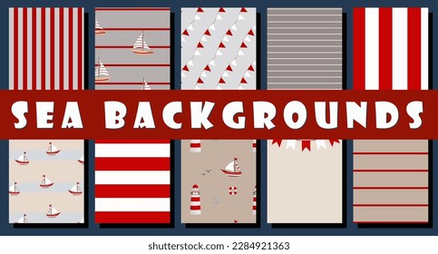 Set of postcards and seamless patterns in nautical style. Marine theme in red colors. Children's postcards and backgrounds. Ships, sailboats, flags, compass, lifebuoy, lighthouse