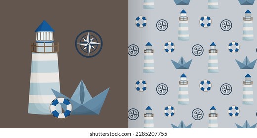Set of postcards and seamless patterns in nautical style. Marine theme in blue colors. Children's postcards and backgrounds. Ships, sailboats, flags, compass, lifebuoy, lighthouse