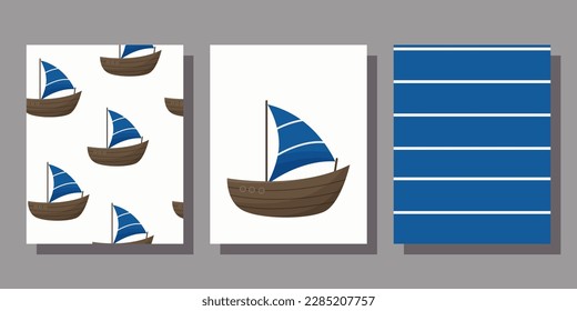 Set of postcards and seamless patterns in nautical style. Marine theme in blue colors. Children's postcards and backgrounds. Ships, sailboats, flags, compass, lifebuoy, lighthouse