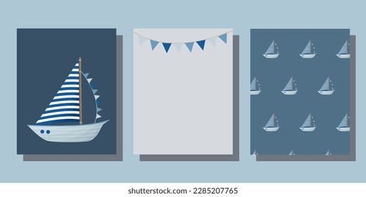 Set of postcards and seamless patterns in nautical style. Marine theme in blue colors. Children's postcards and backgrounds. Ships, sailboats, flags, compass, lifebuoy, lighthouse