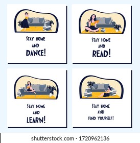 set of postcards of self-isolation. QUARANTINE. A young girl reads, studies and dances at home.