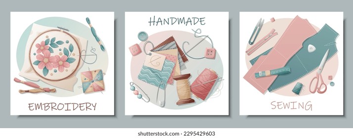 Set of postcards with sewing tools. Embroidery, sewing, needlework, handmade, hobby. Banner, flyer for sewing workshops, ateliers, sewing courses, etc.