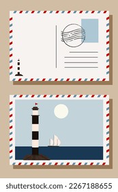 Set of postcards with stamps. Travel postcard. Lighthouse in the sea. Seascape