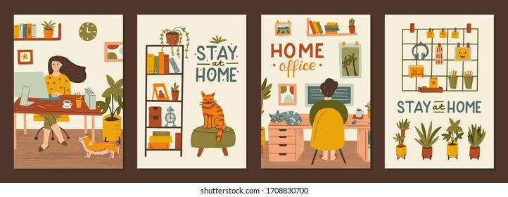 Set of postcards stay at home. Work and rest at home. Remote work concepts. Hand drawn illustrations with texture and hand lettering. 