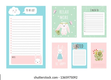 Set of postcards, stickers. Day planner with cute bunnies. Vector. For notes.