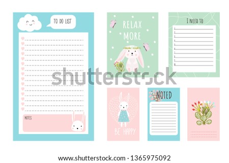 Set of postcards, stickers. Day planner with cute bunnies. Vector. For notes.