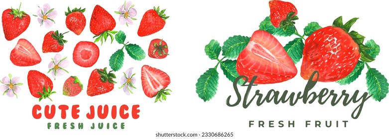 Set of postcards with strawberries. For printing, posters, banners, advertisements, stickers