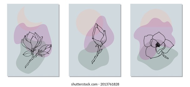 Set of postcards in style Abstract modern collage of geometric shapes, branches with a flower and a magnolia bud in a trendy modern style.